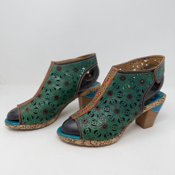 L'Artiste Hand Painted Leather Slingback Block Heels 7.5-8 - Picture 7 of 15